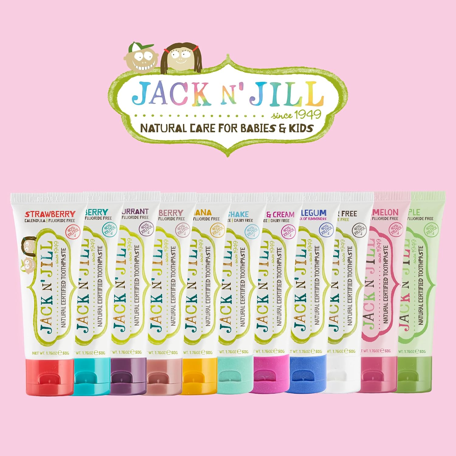 Jack N' Jill Natural Certified Toothpaste Blackcurrant, toothpaste tube packaging, blackcurrant flavour, 50g & other variants