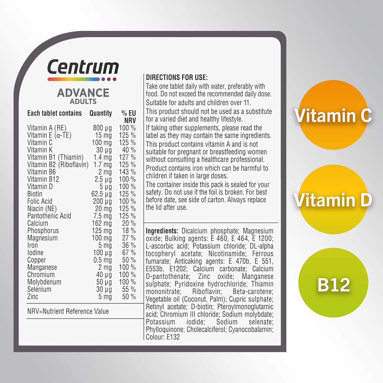 Supplement facts panel showing 24 nutrient list.