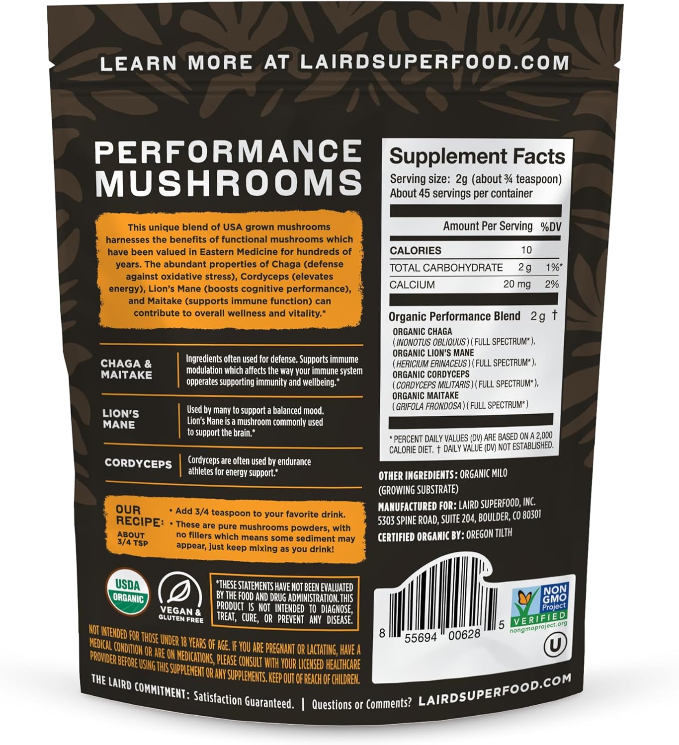 Laird Superfood mushroom blend ingredients, barcode & nutrition facts label 90g on white background
