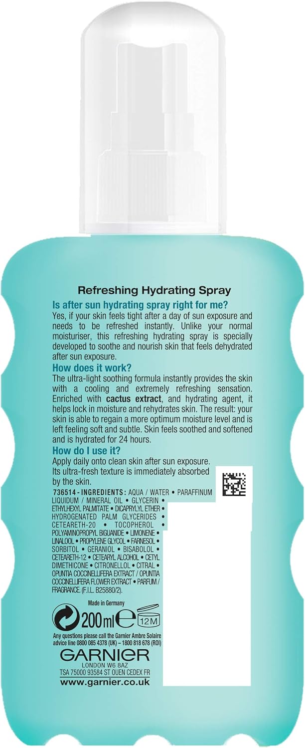 Garnier Ambre Solaire After Sun Refreshing Hydrating Spray 200ml ingredients label with cactus extract