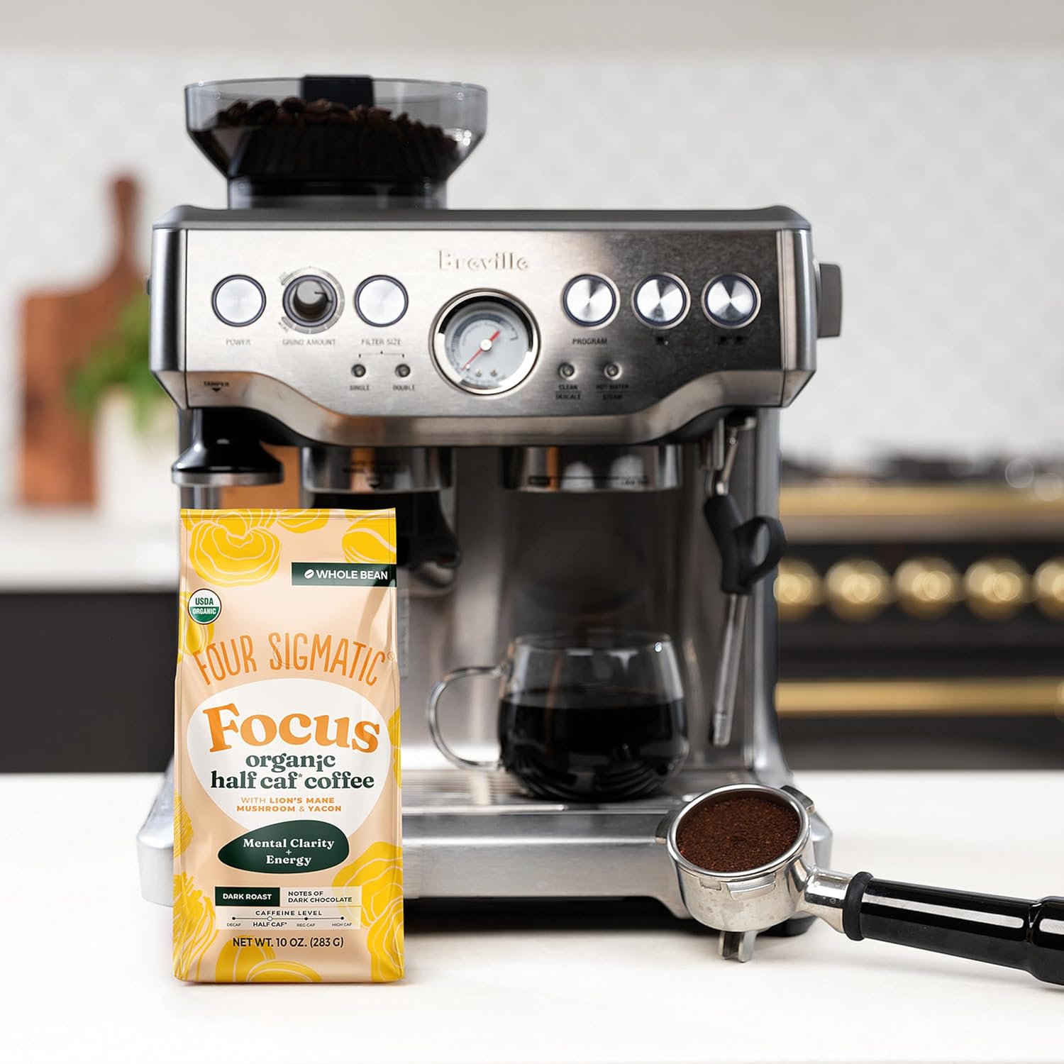 Four Sigmatic organic half caffeine whole bean dark roast coffee 283g brewed cup