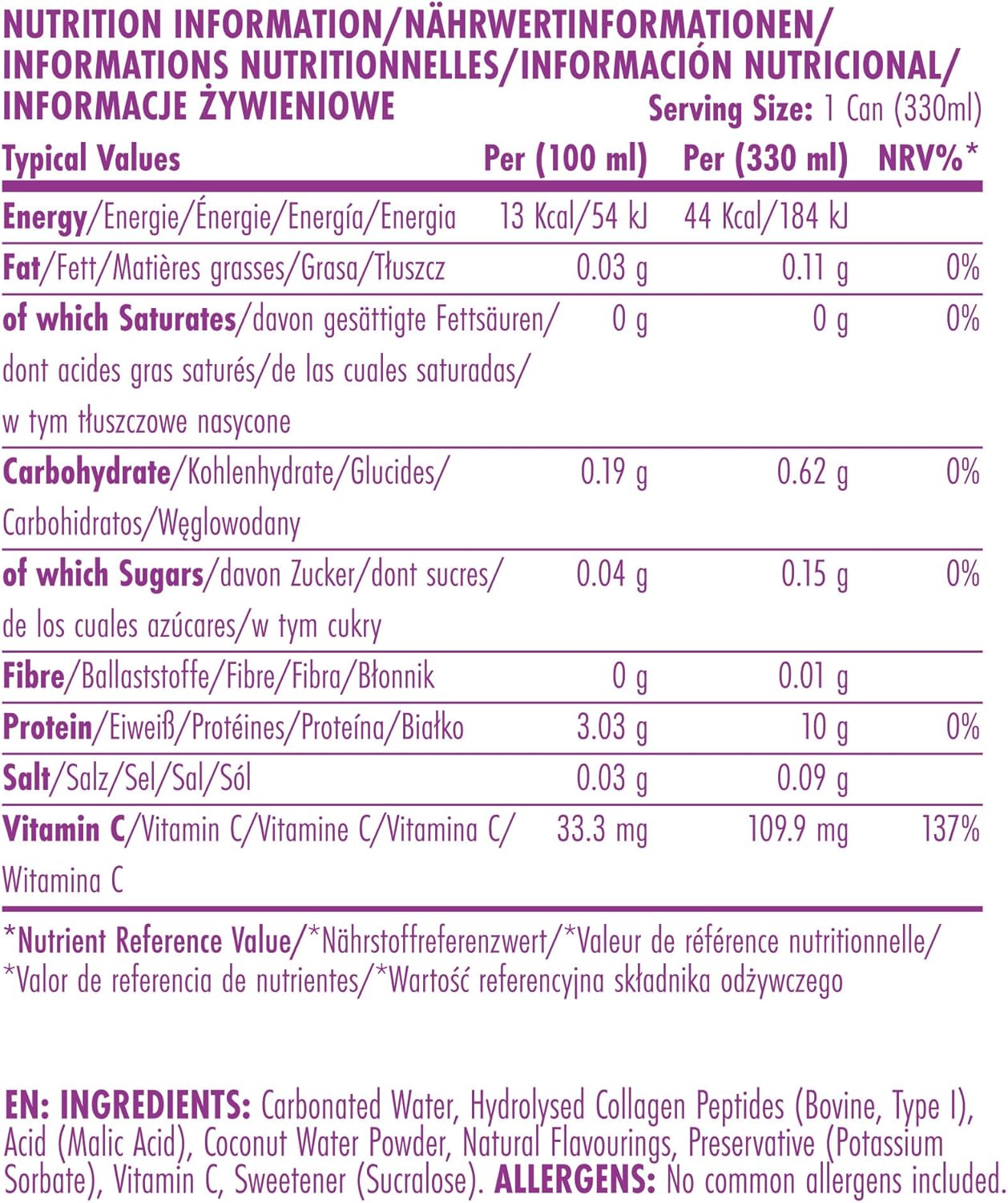 Applied Nutrition Sparkling Protein Water Tropical Burst ingredients label 330ml