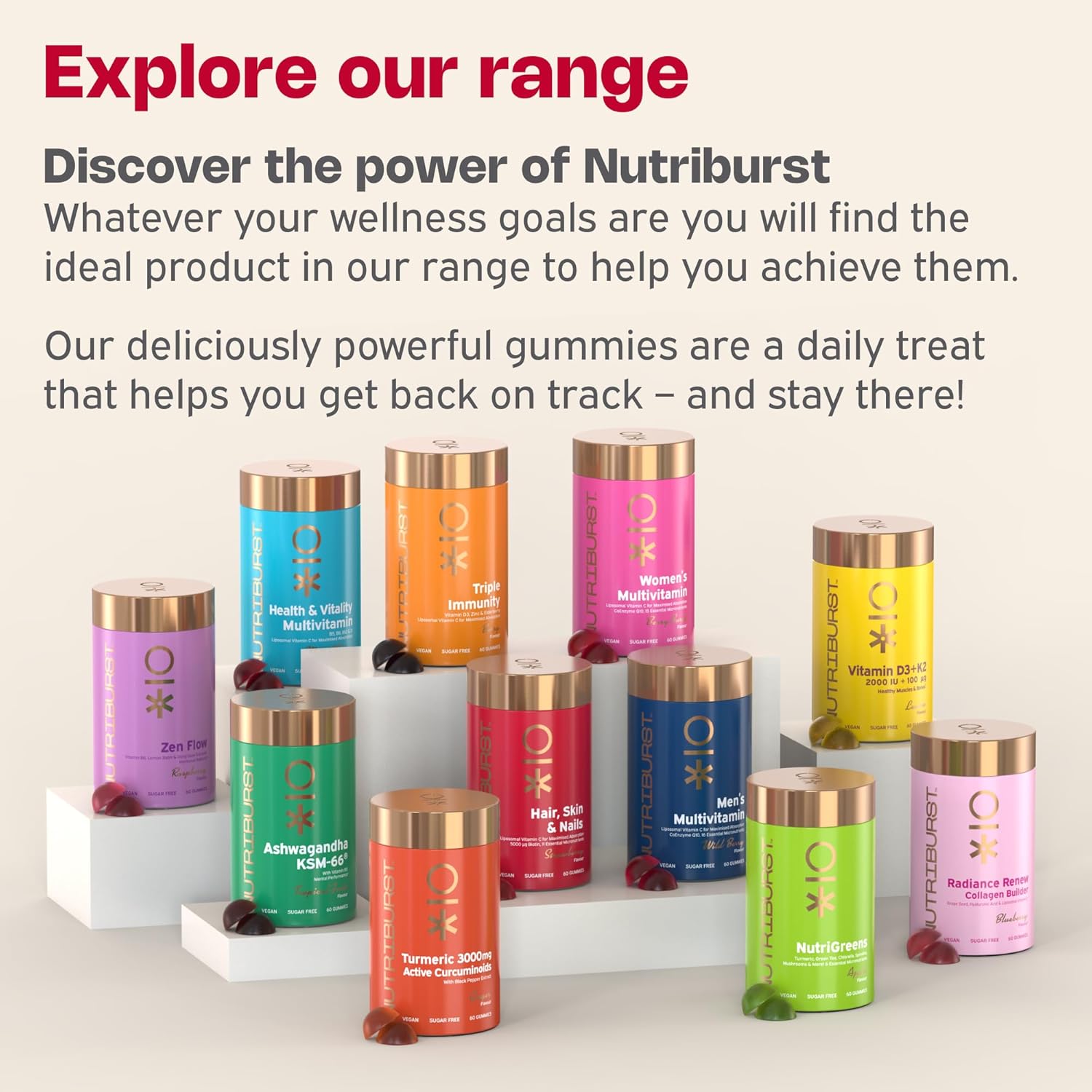 Nutriburst Hair Skin & Nails Gummies - Biotin, Zinc, Vitamin E variants.