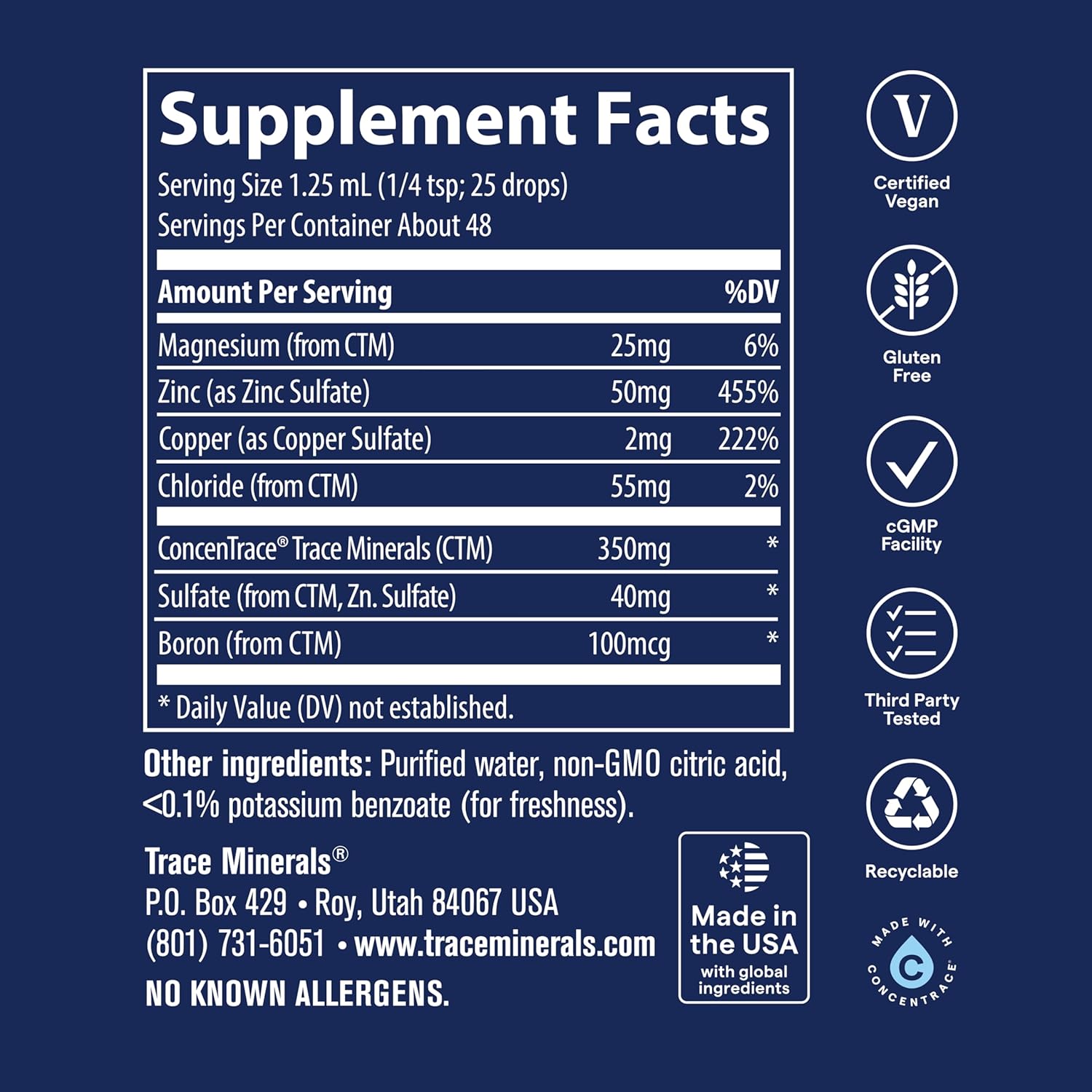 Supplement Facts Image: Trace Minerals Ionic Zinc 50mg supplement facts ingredients liquid bottle 59ml