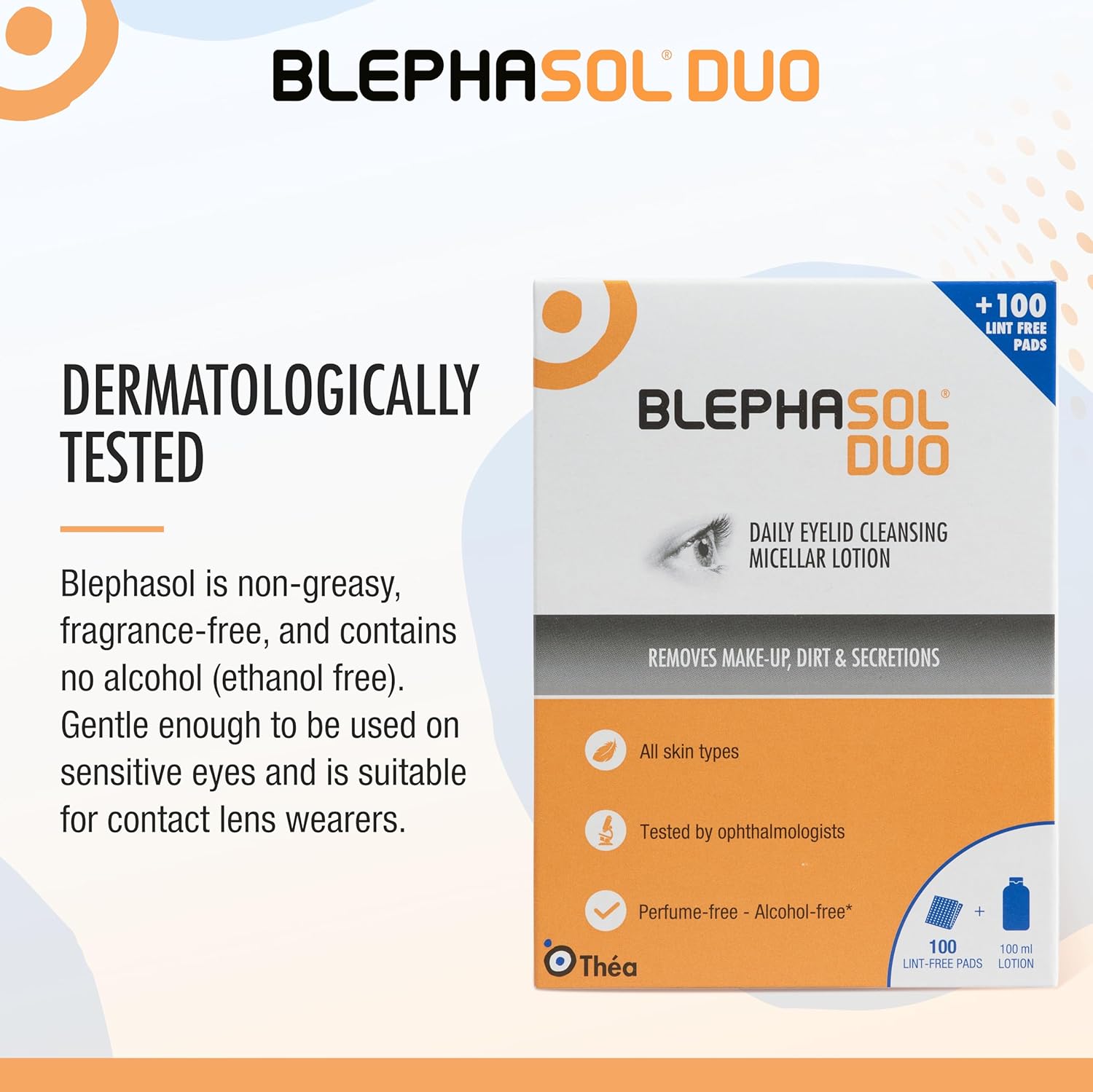 Blephasol Duo Eyelid Cleansing Lotion bottle and lint-free pads package.