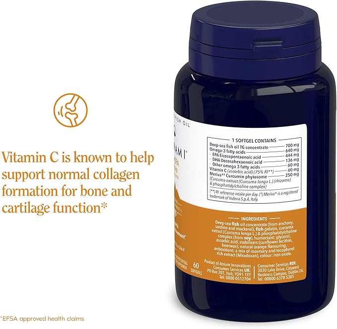 Nutrition label for Minami MorEPA Move Plus showing EPA, DHA, and curcumin content.
