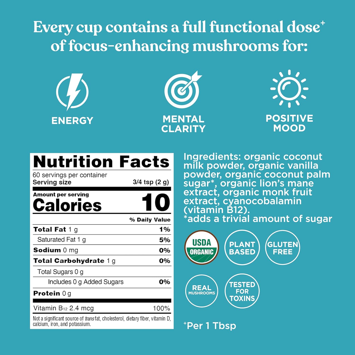 Four Sigmatic creamer showing nutrition facts, ingredients and use.