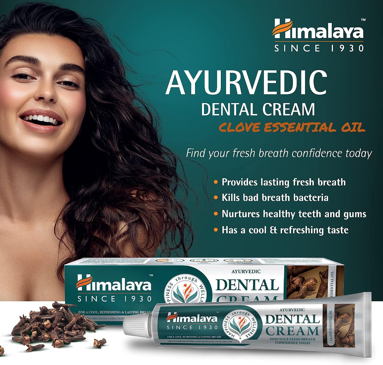 Himalaya Ayurvedic Dental Cream with Clove Oil, toothpaste tube packaging, clove flavour, 100g, product information