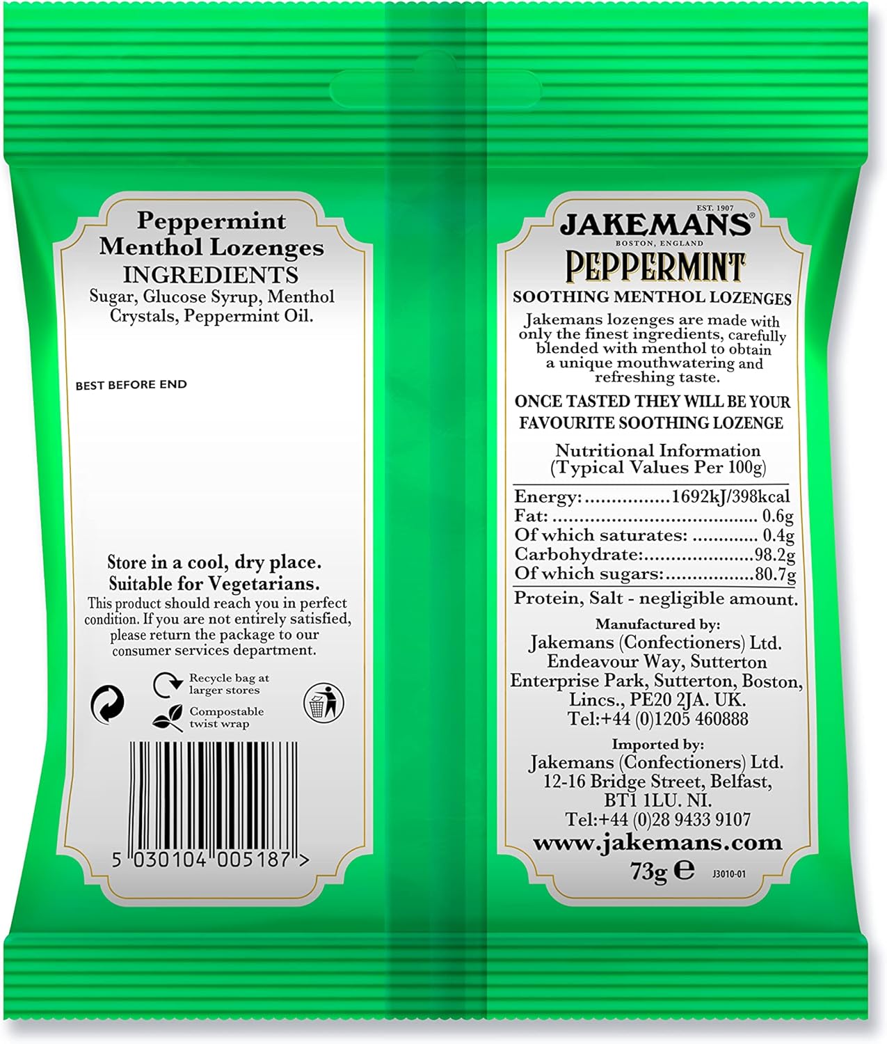 Jakemans Peppermint Soothing Menthol Lozenges, bag packaging, peppermint flavour, 73g, ingredients information & barcode
