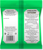 Jakemans Peppermint Soothing Menthol Lozenges, bag packaging, peppermint flavour, 73g, ingredients information & barcode