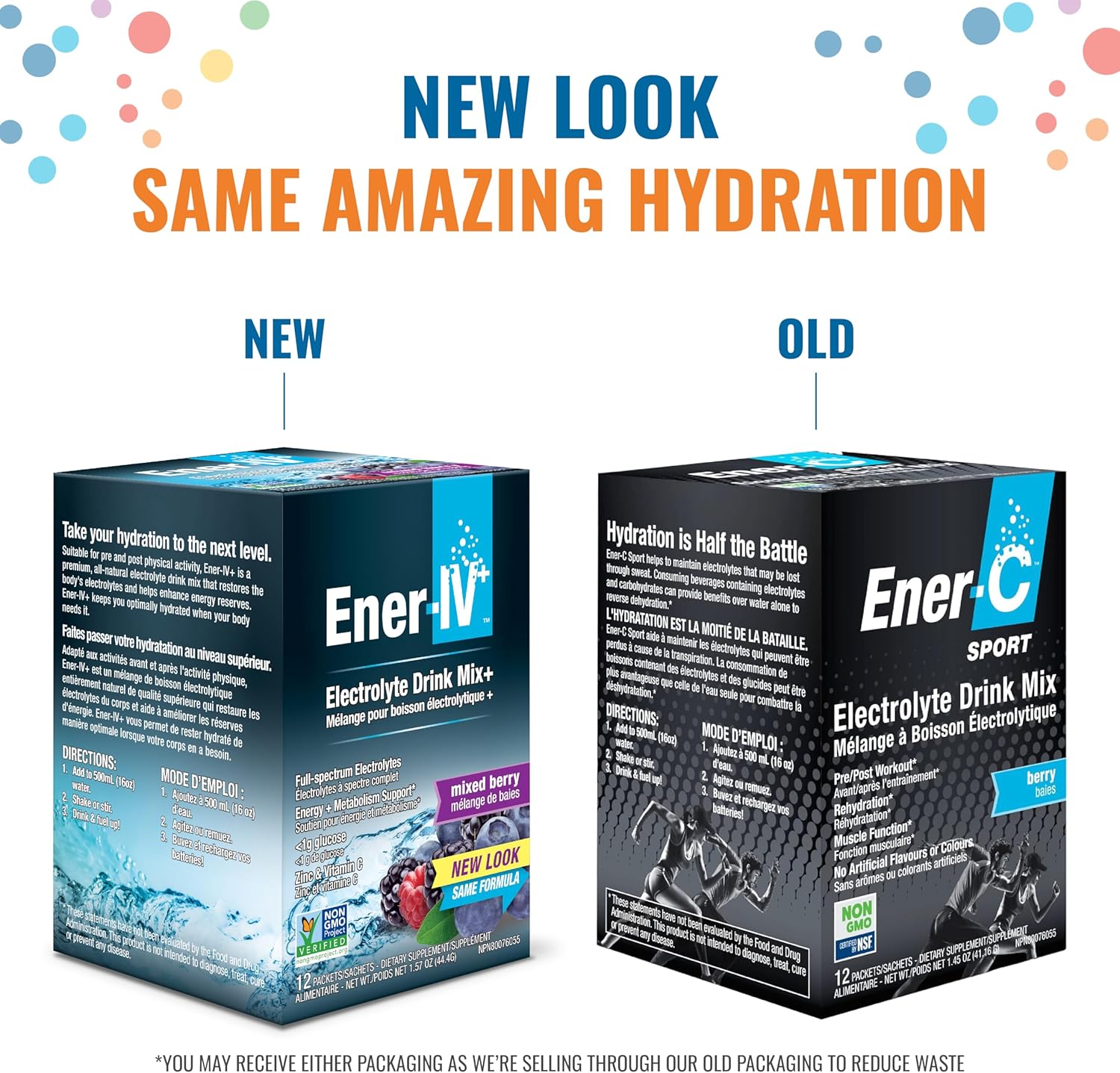 Ener-IV Electrolyte Drink Mix Powder Mixed Berry – 12 Sachets. Old & new packaging.