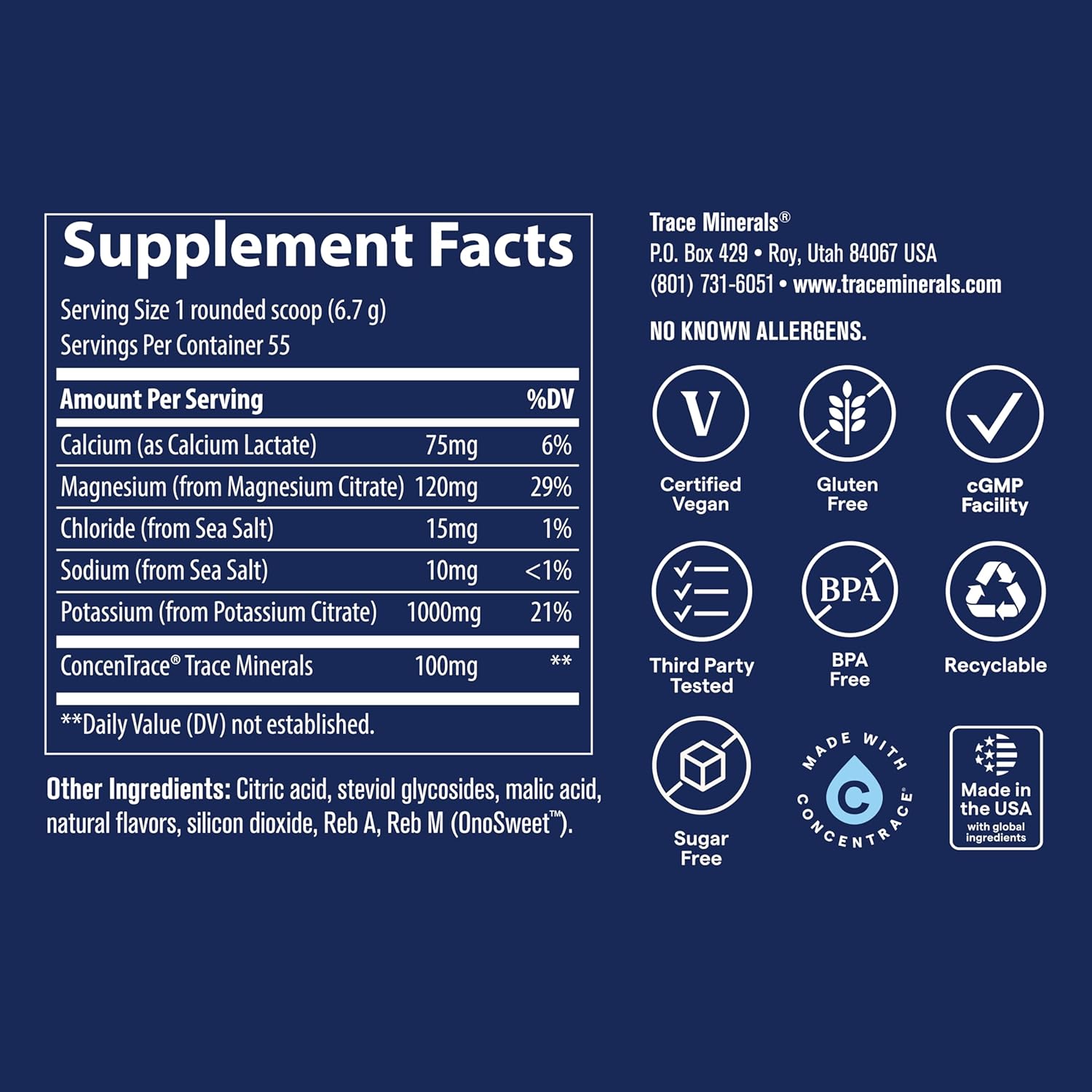 Supplement Facts Image: Trace Minerals Keto Electrolyte Powder supplement facts ingredients tub 369g