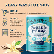 How to Use: Four Sigmatic Vanilla protein powder being blended into a smoothie.