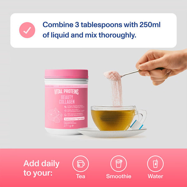 How to Use: Vital Proteins Beauty Collagen Peptides powder strawberry lemon tub 271g usage instructions