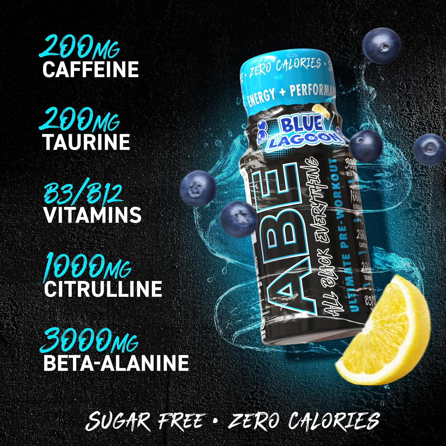 Abe All Black Extreme pre-workout supplement with ingredients listed on a dark background