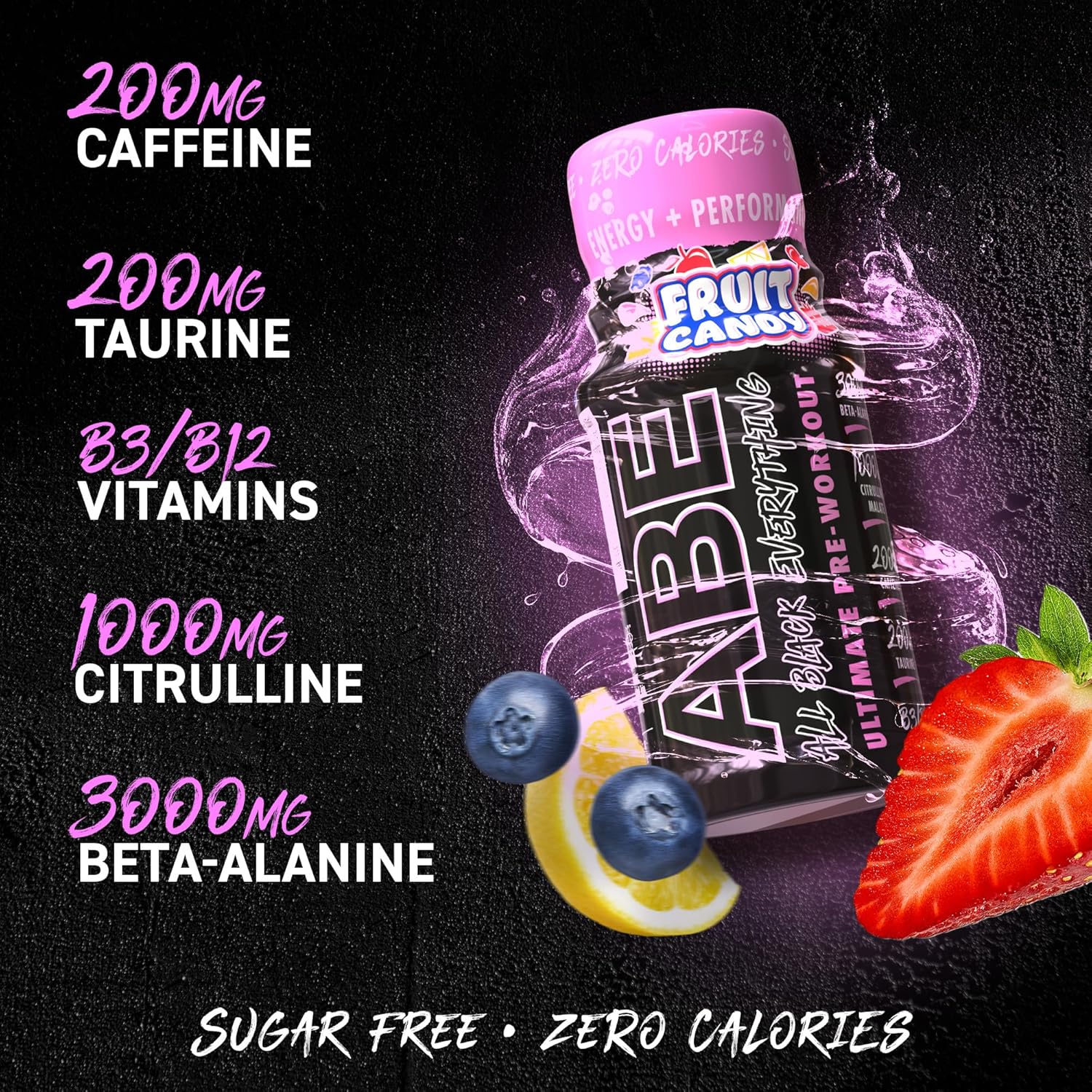Anbe pre-workout supplement bottle with nutritional information on a black background
