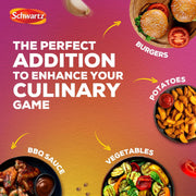 Lifestyle/use image: Schwartz Chip Seasoning sprinkled on chips and potato wedges 300g