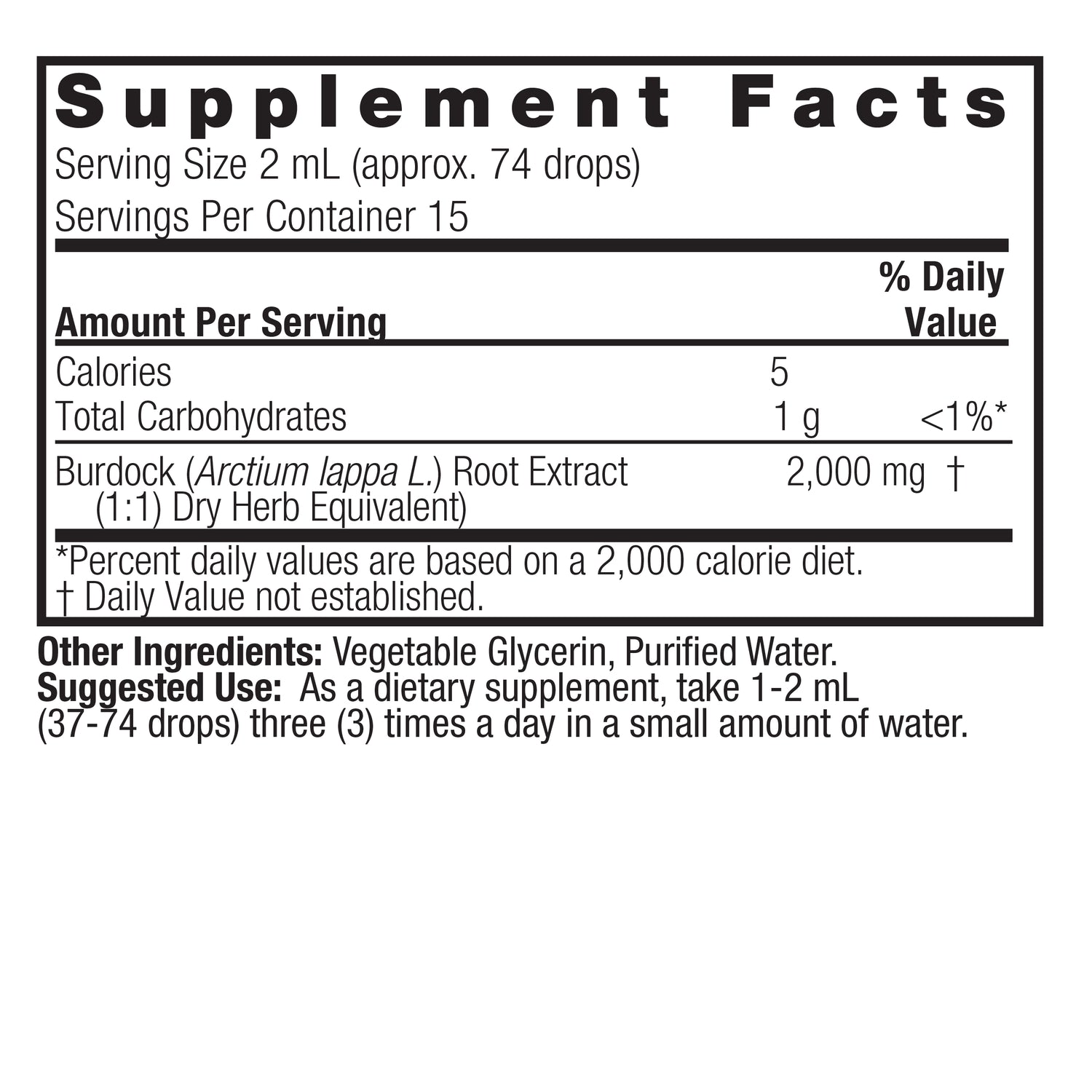 Nature’s Answer Burdock Root liquid extract supplement facts 30ml bottle