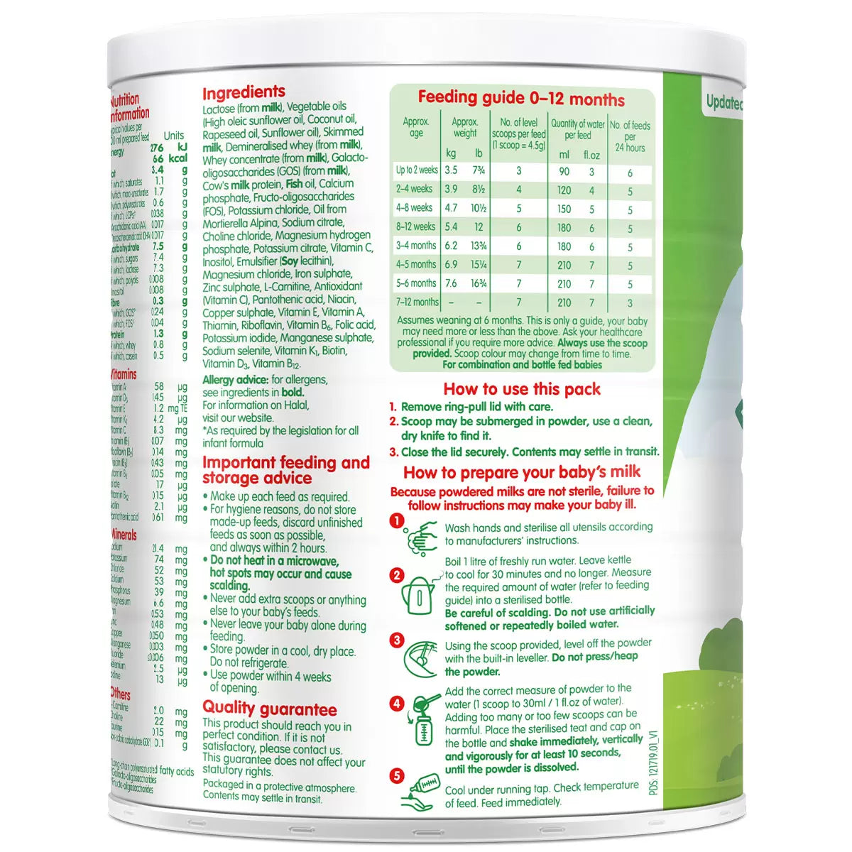 Supplement facts & ingredients image: Cow and Gate First Infant Milk 700g nutrition and ingredient label