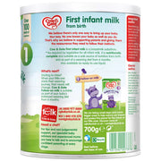 Back image: Cow and Gate First Infant Milk Powder 700g baby formula from birth packaging