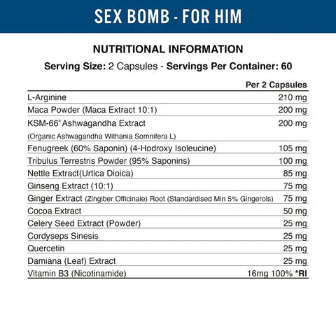 Supplement facts panel highlighting L-Arginine, Maca, and Ashwagandha content.