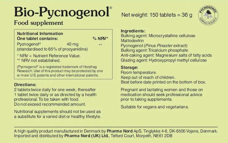 Pharma Nord Bio-Pycnogenol 40mg, food supplement tablet box packaging, no flavour, 150 tablets, ingredients and nutritional information