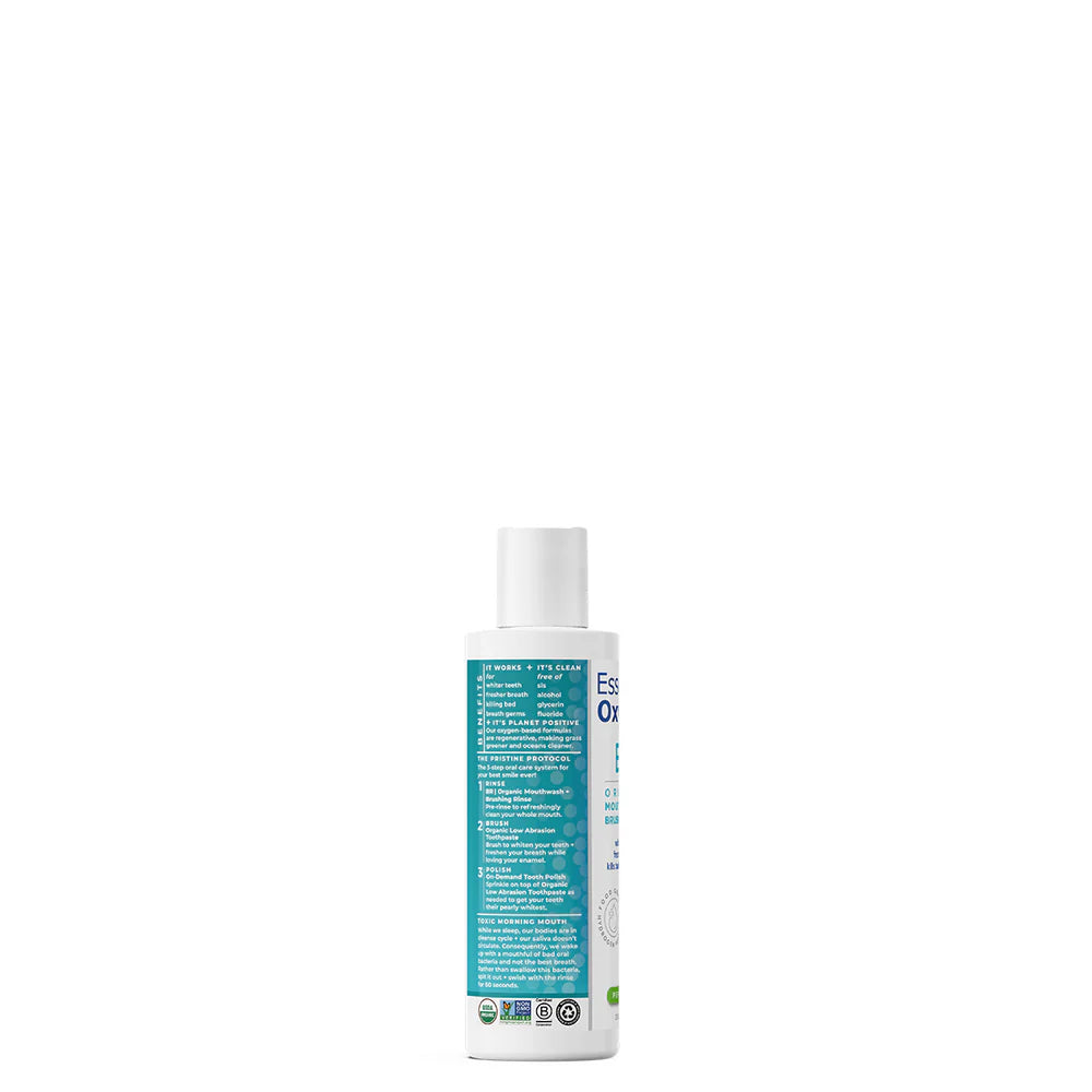 Essential Oxygen Organic Brushing Rinse showing ingredients and directions.