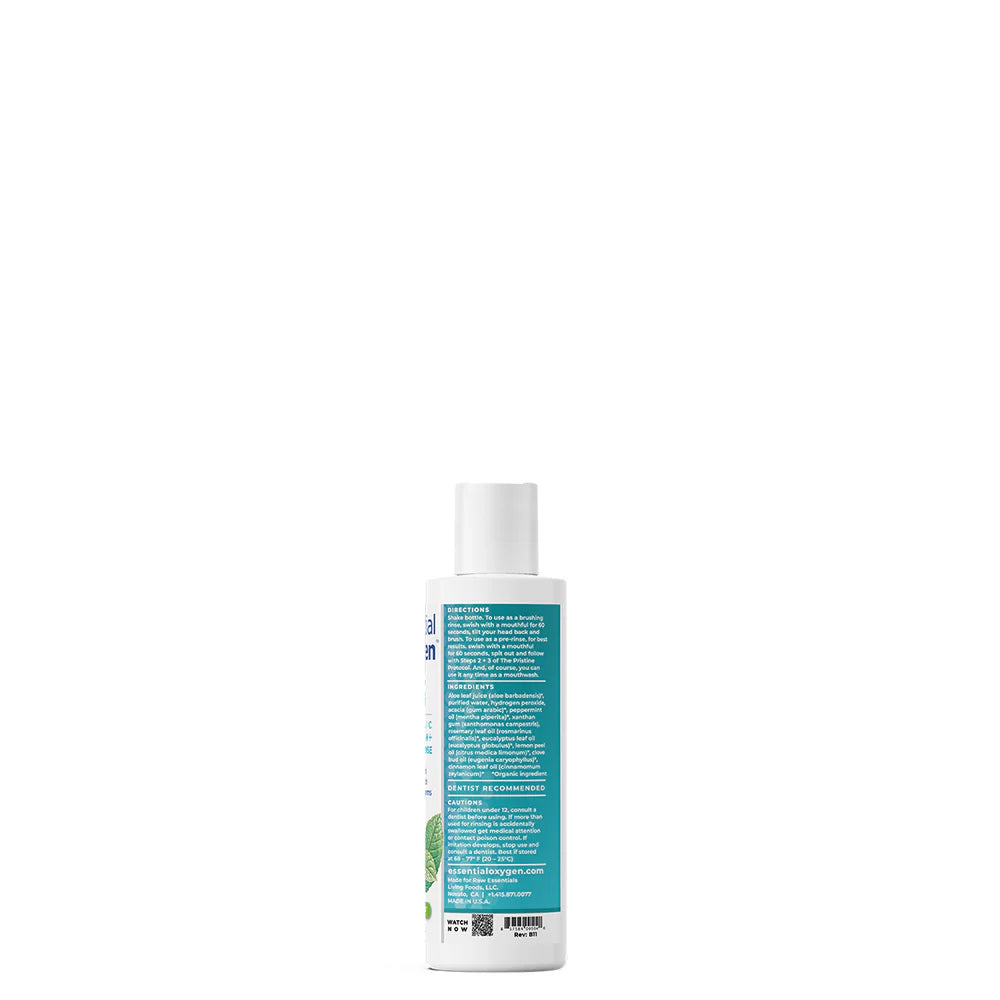 Essential Oxygen Organic Brushing Rinse showing ingredients and directions.