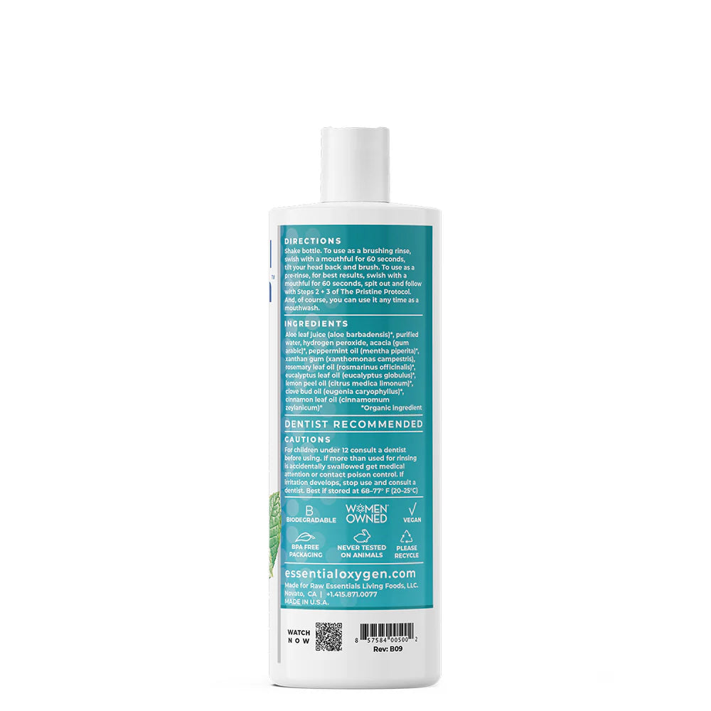 Essential Oxygen Organic Brushing Rinse showing ingredients and directions.
