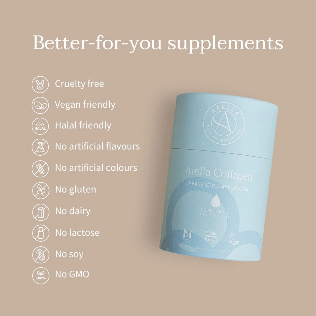 Supplement facts: Arella vegan collagen supplement ingredients label sachets 14 pack 30ml