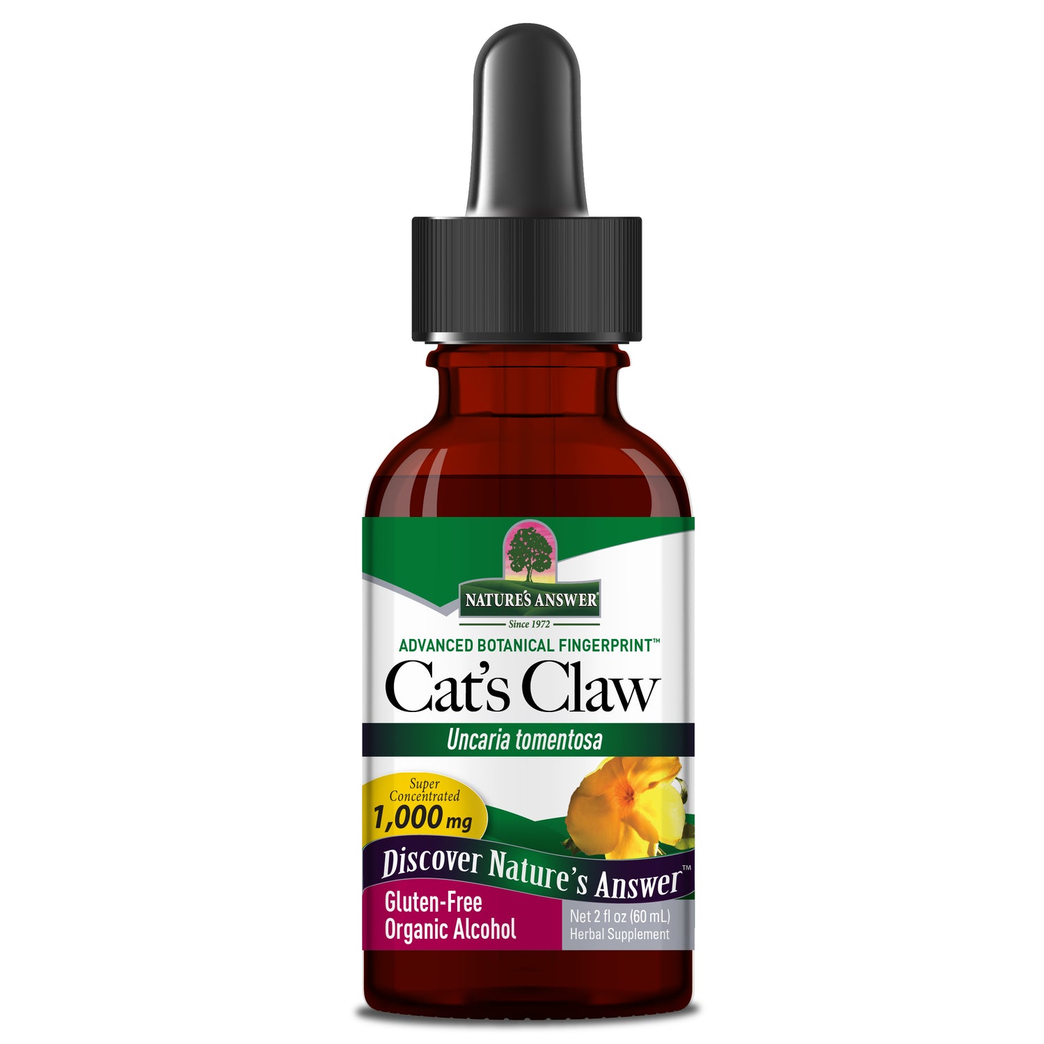 Nature’s Answer Cat’s Claw inner bark liquid extract 1000mg 60ml bottle front view on a white background