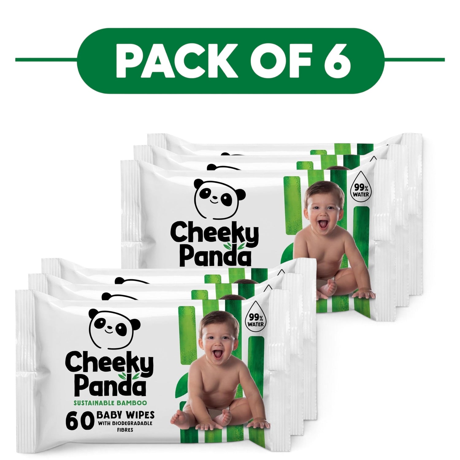 Cheeky Panda Bamboo Baby Wipes 99% Water 60 Wipes Pack of 6