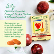 ChildLife Essentials Omega-3 DHA + Choline SoftChew Gummies kids chewable supplement passion fruit 27 tablets
