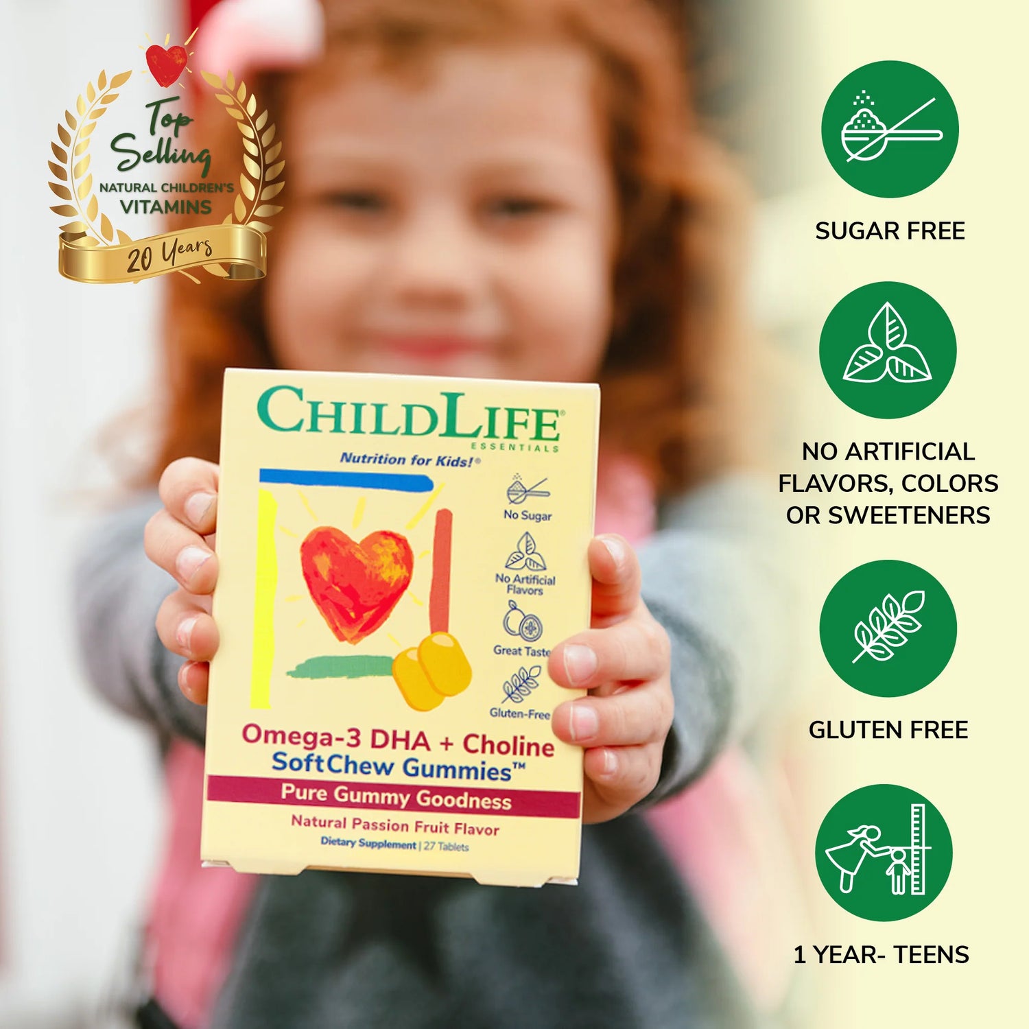ChildLife Essentials Omega-3 DHA + Choline SoftChew Gummies kids chewable supplement passion fruit 27 tablets