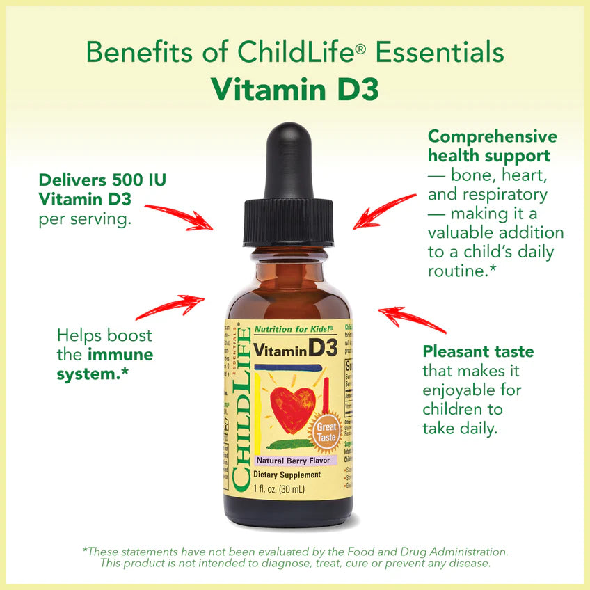 ChildLife Essentials Vitamin D3 drops key benefits 500 IU berry 30ml