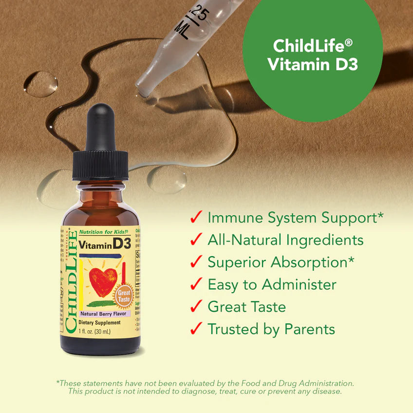 ChildLife Essentials Vitamin D3 drops infant child liquid supplement berry flavour 30ml