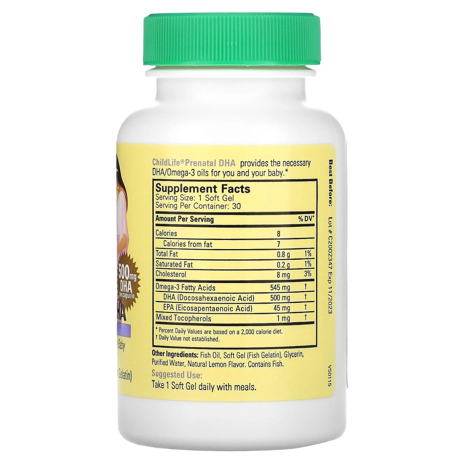 ChildLife Essentials Prenatal DHA supplement facts omega 3 DHA EPA lemon 30 softgels