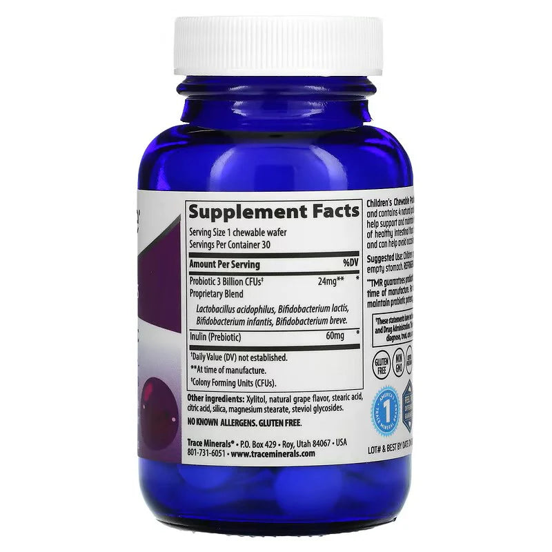 Supplement Facts Image: Trace Minerals children probiotic chewable supplement facts ingredients bottle 30 count