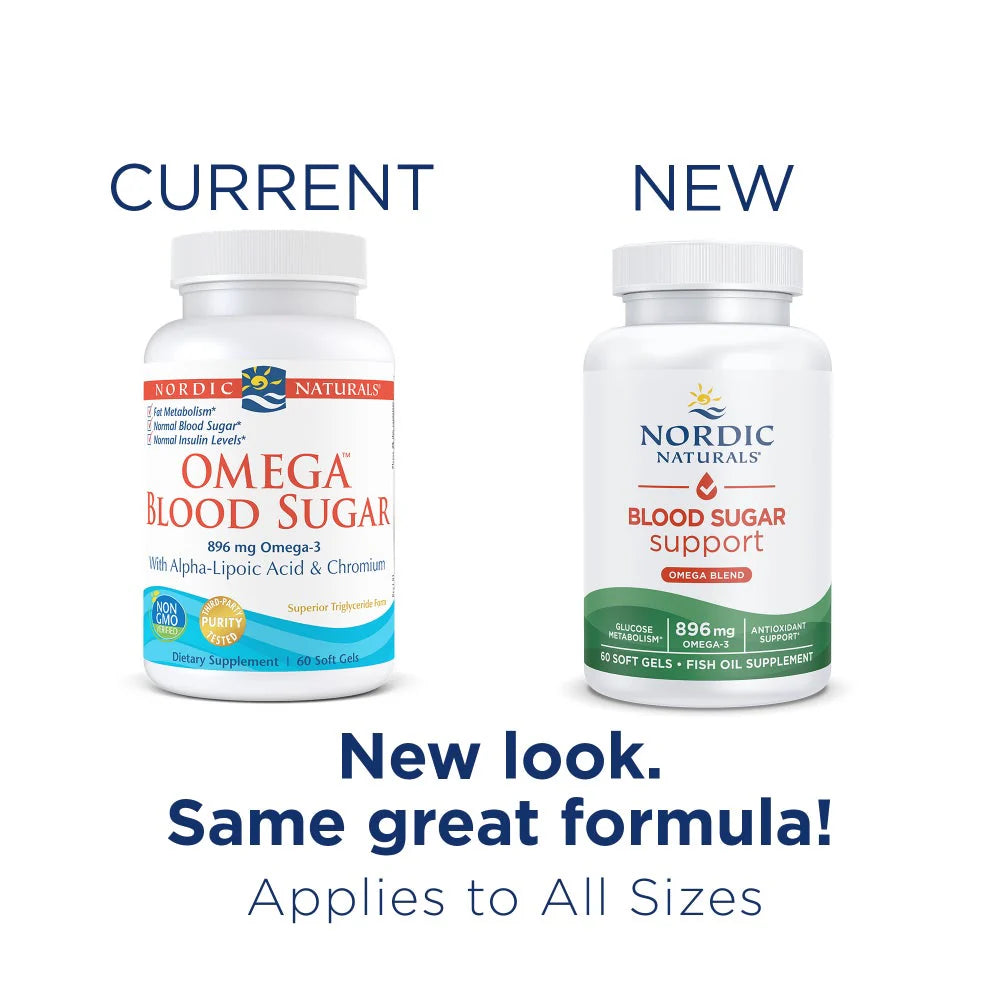 Nordic Naturals Omega Metabolic Blend bottle with ALA and Chromium, 60 soft gels. Old & new packaging.