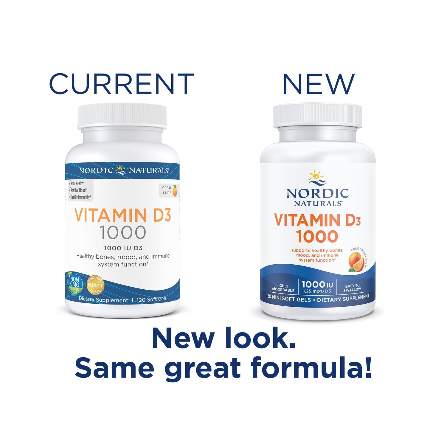 Nordic Naturals Vitamin D3 1000 IU Orange Flavour bottle with mini softgels. Old & new packaging.