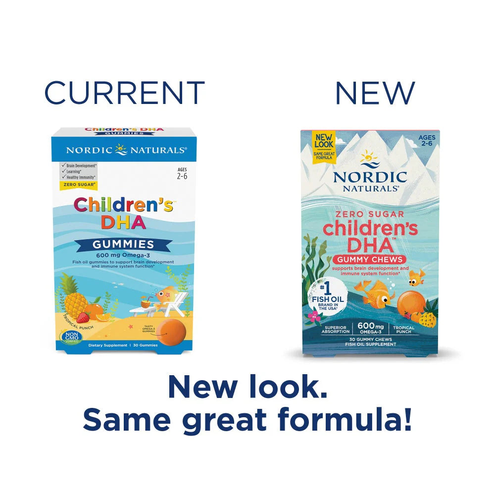 Nordic Naturals Zero Sugar Children's DHA Gummy Chews tropical punch, 30 count box. Old & new packaging.