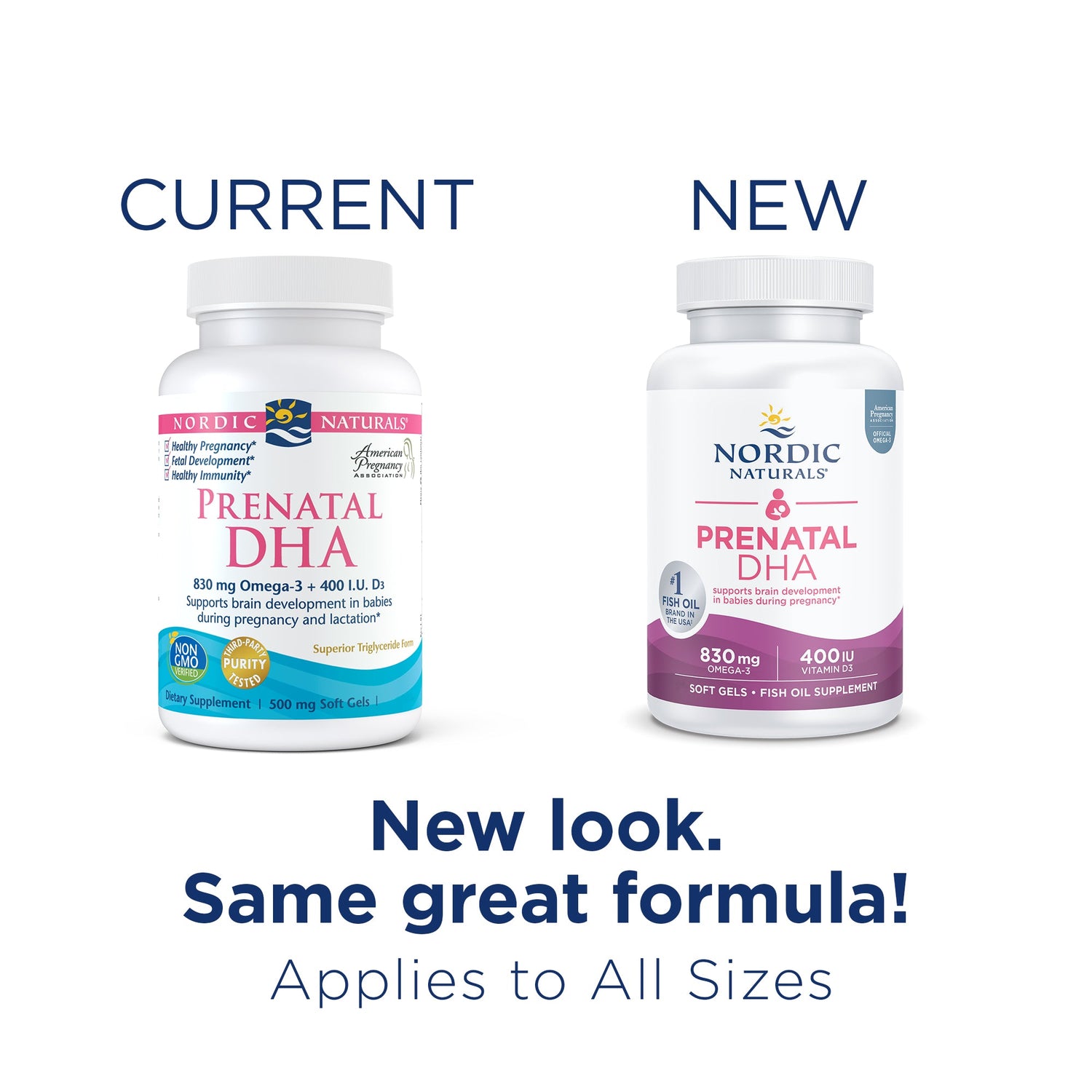 Nordic Naturals Prenatal DHA - 830mg Omega-3 & Vitamin D3 Softgels. Old & new packaging.