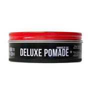 Side image: Uppercut Deluxe Pomade 100g jar strong hold high shine styling product packaging