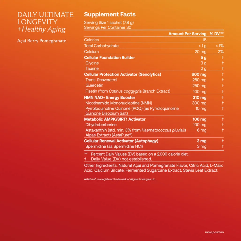IM8 Daily Ultimate Longevity supplement facts and ingredients label 30 sachets