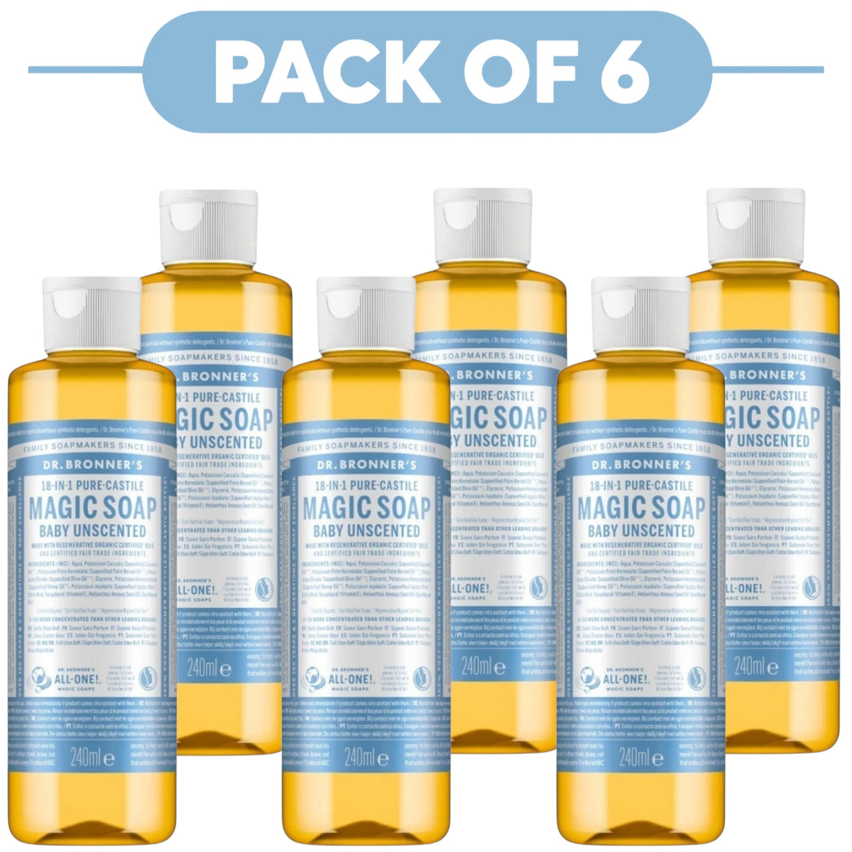 Dr. Bronner's Baby Unscented 18-in-1 Pure-Castile Liquid Soap 240ml Pack of 6