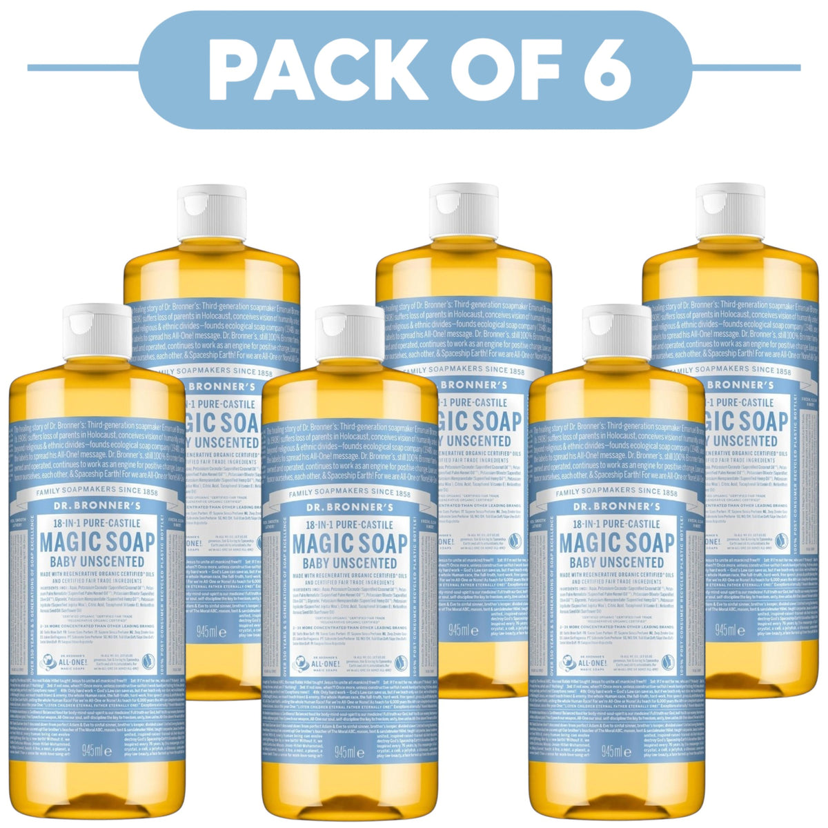 Dr. Bronner's Baby Unscented 18-in-1 Pure-Castile Liquid Soap 945ml Pack of 6
