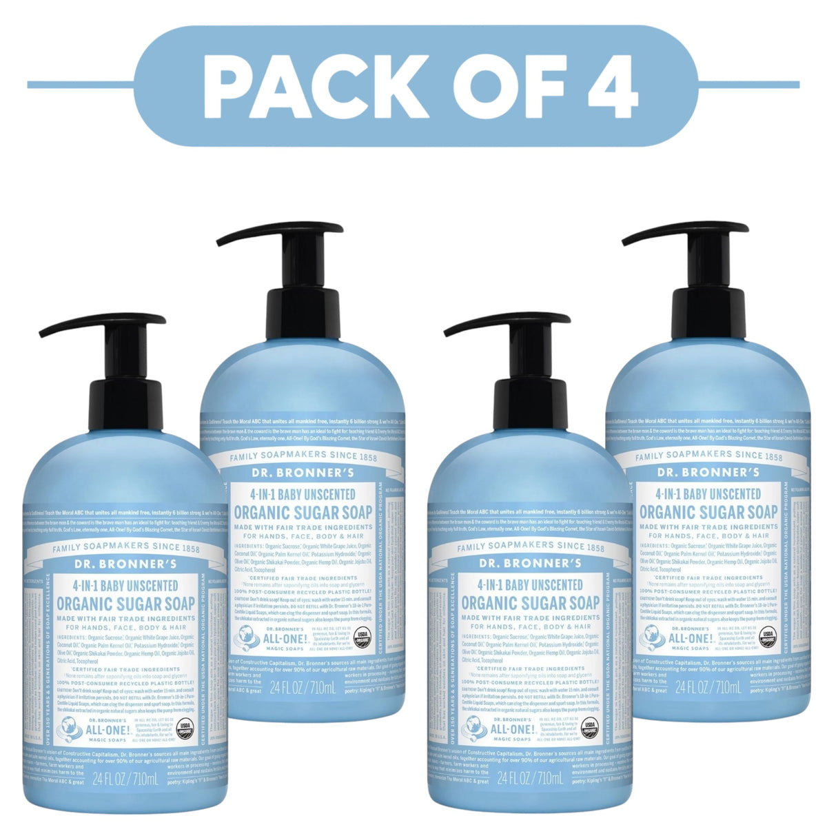Dr. Bronner's Baby Unscented 4-in-1 Organic Sugar Soap 710ml Pack of 4