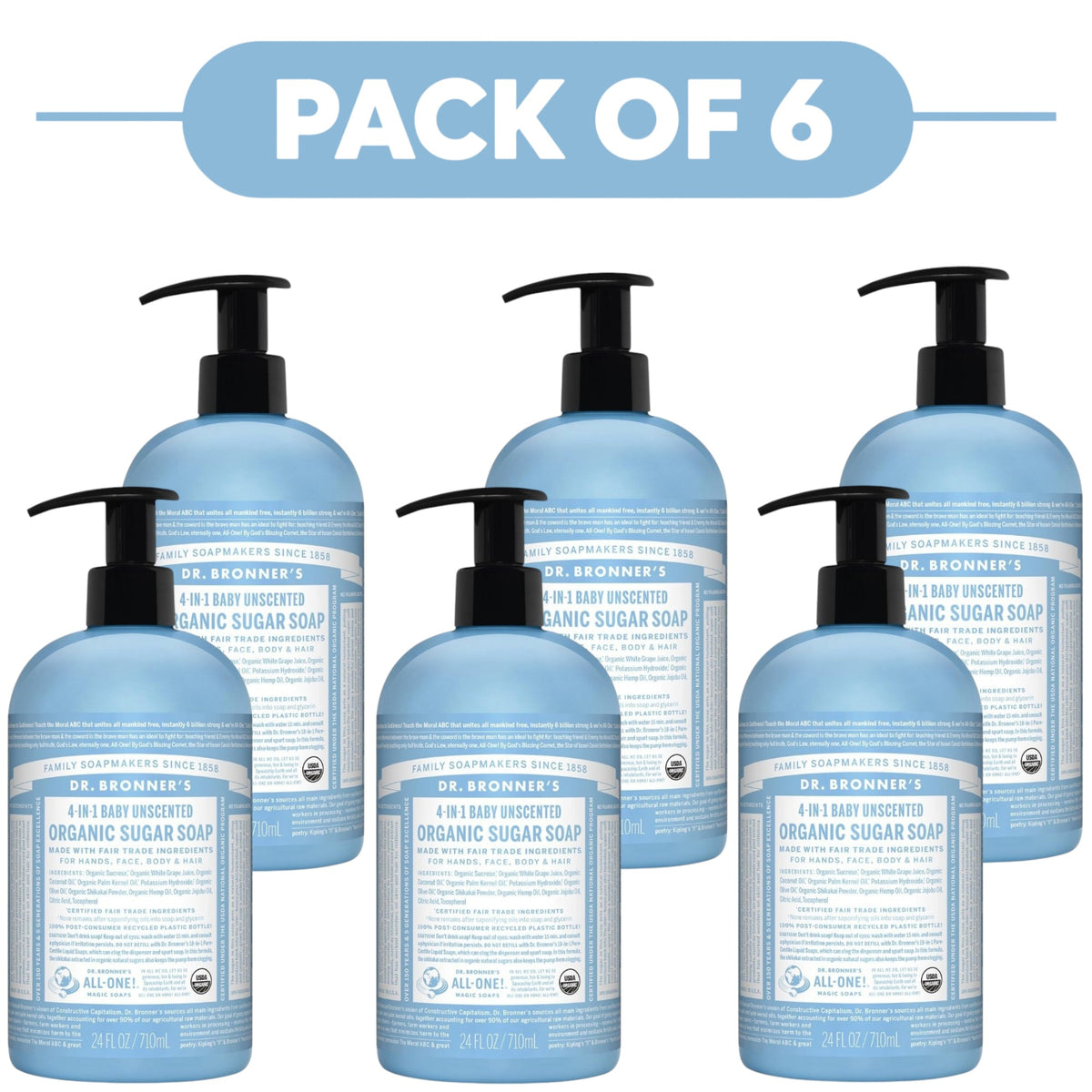 Dr. Bronner's Baby Unscented 4-in-1 Organic Sugar Soap 710ml Pack of 6