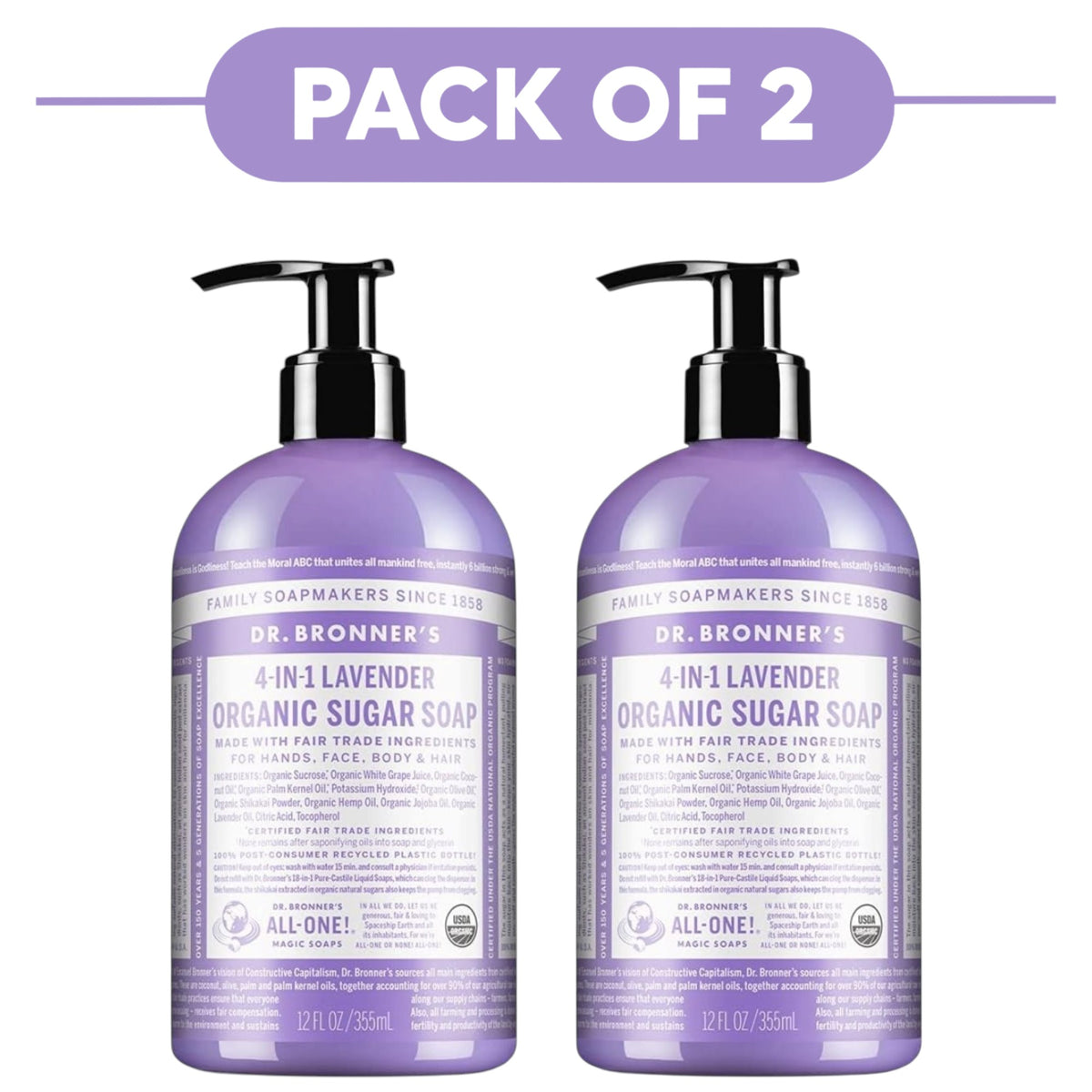 Dr. Bronner's Lavender 4-in-1 Organic Sugar Soap 355ml Pack of 2
