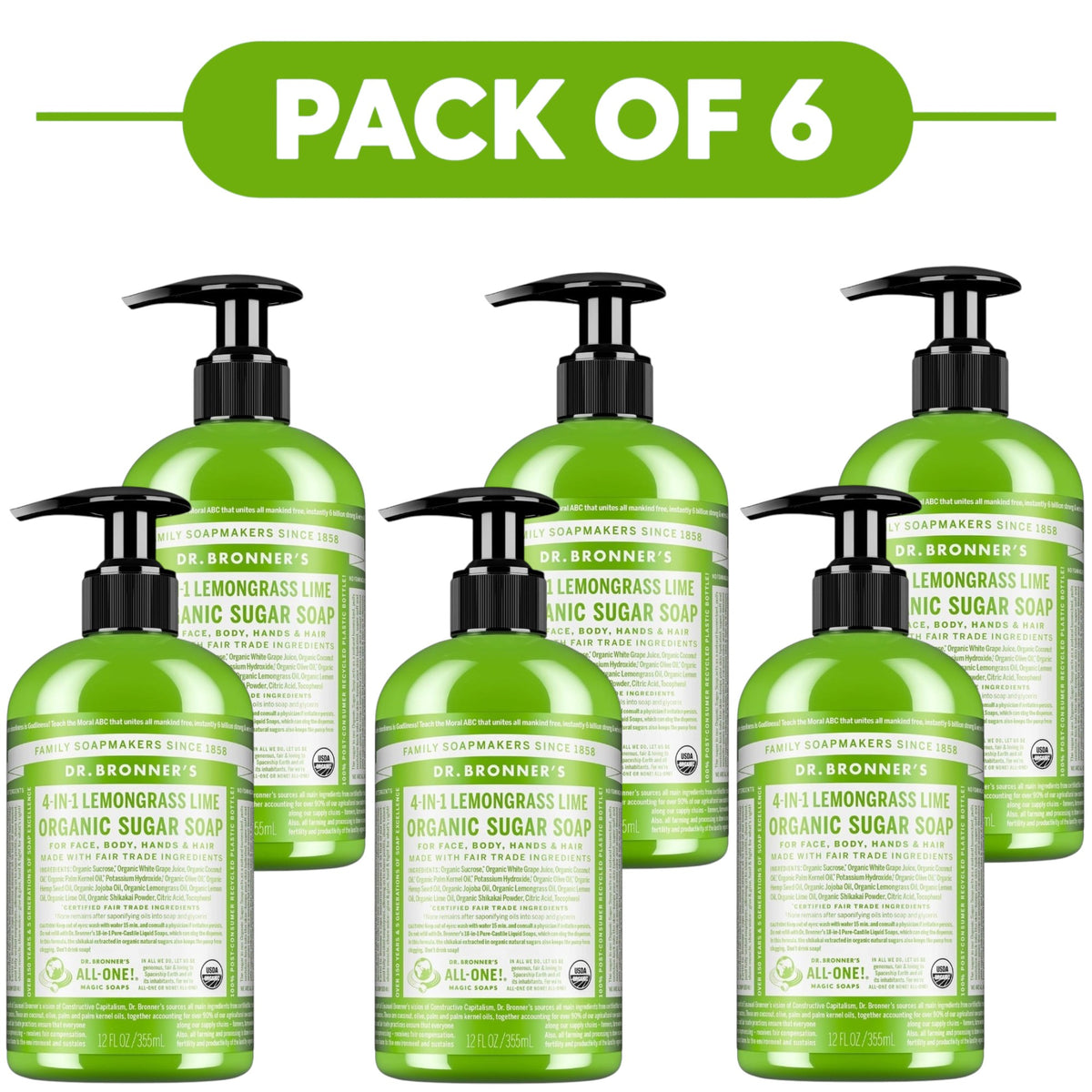 Dr. Bronner's Lemongrass Lime 4-in-1 Organic Sugar Soap 355ml Pack of 6